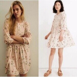 Madewell M Pintuck Mini Dress Floral Pink Puff Sleeve Peasant Swing Babydoll
